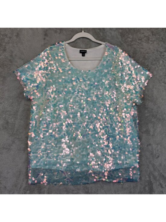 torrid Tops - Torrid Shirt Womens 2X Plus Blue Scoop Neck Short Sleeve Sequin Mesh Lined Party